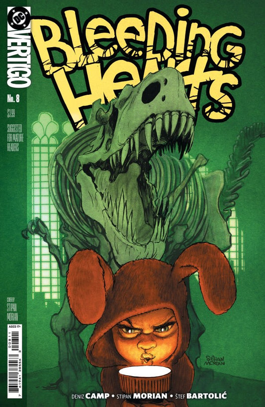 Comic book cover for DC Vertigo's 'Bleeding Hearts' issue number 8, featuring a large green dinosaur-like creature and a small character in a brown bunny suit holding a bowl of milk against a green background.