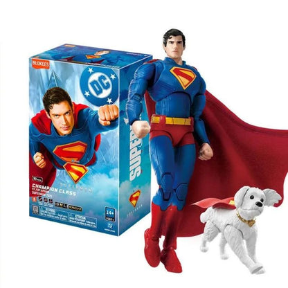 Superman action figure with packaging and a dog toy on a white background
