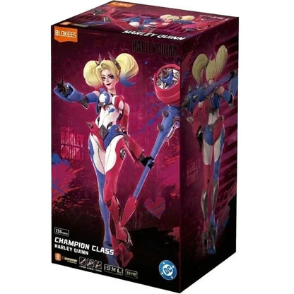 Blokes Harley Quinn Champion Class collectible figure box, featuring artwork of Harley Quinn in a red, white, and blue outfit against a dark pink and black background.