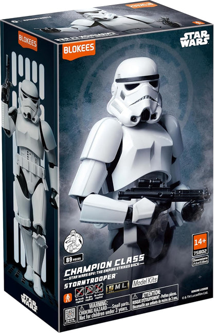 Boxed Star Wars stormtrooper figure by Blokeses with stormtrooper helmet and armor.