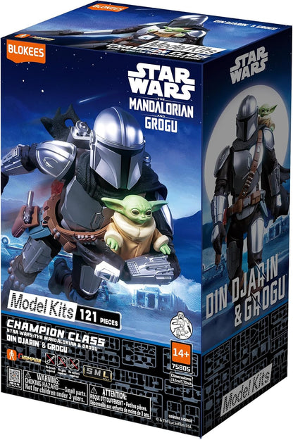 Blokies Star Wars The Mandalorian Grogu model kit box, featuring Star Wars branding, Din Jarkin & Grogu, and a detailed illustration of the assembled toy on the front and side panels.