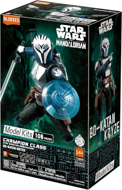Blokees Star Wars The Mandalorian Bo-Katan Kryze Champion Class model kit box, featuring a detailed illustration of the toy figure and its packaging on a black background.