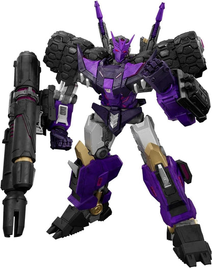 A purple and black robot action figure or model toy with metallic gray and gold accents, shown against a plain white background.