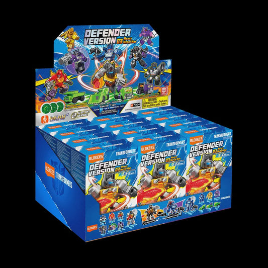 Display of Transformers toy boxes with 'Defender Version' packaging on a white background