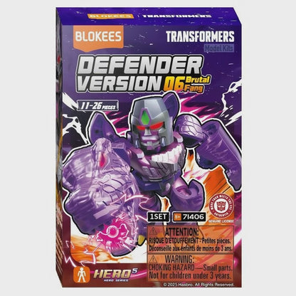 Toy packaging for Blokees Transformers model kit with purple robot figure on a white background