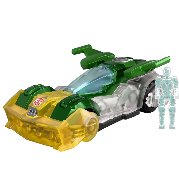 Transformers Bumblebee toy car in green, yellow, and clear plastic, shown alongside a small translucent blue Bumblebee action figure on a white background.