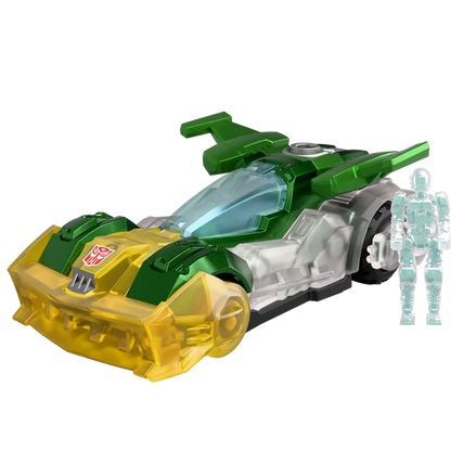 Transformers Bumblebee toy car in green, yellow, and clear plastic, shown alongside a small translucent blue Bumblebee action figure on a white background.