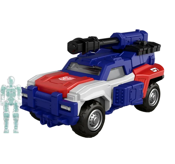 Toy vehicle with red, blue, and white colors on a white background