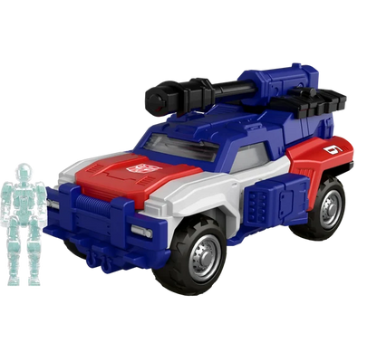 Toy vehicle with red, blue, and white colors on a white background