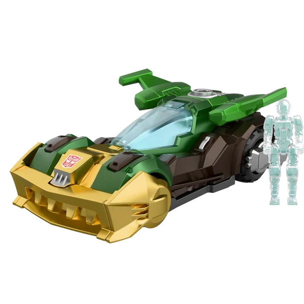 Toy vehicle with green and gold design on a white background