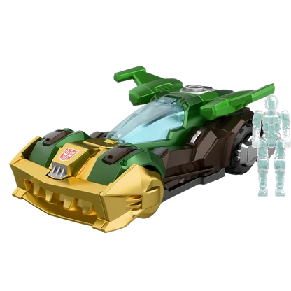 Toy vehicle with green and gold design on a white background