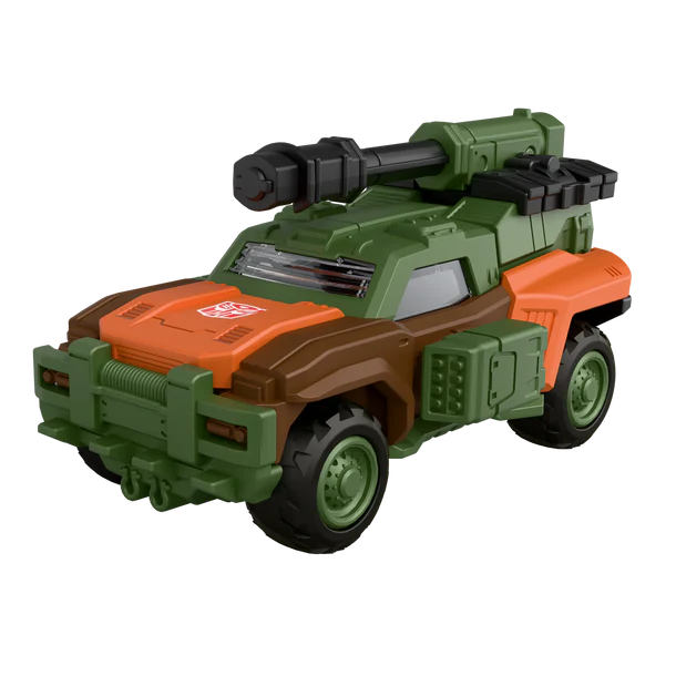 Toy vehicle with green, orange, and brown colors on a white background