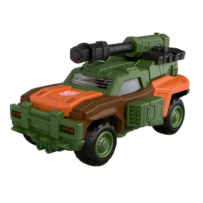 Toy vehicle with green, orange, and brown colors on a white background