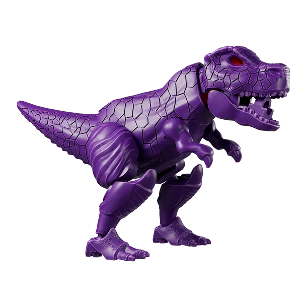 A purple articulated toy dinosaur, specifically a T-rex style figure with a textured, cracked shell-like body, shown against a plain white background.