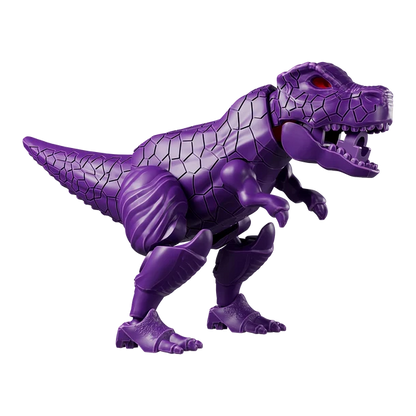 A purple articulated toy dinosaur, specifically a T-rex style figure with a textured, cracked shell-like body, shown against a plain white background.