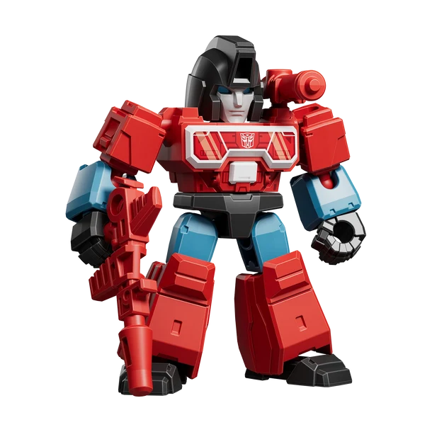 Toy robot figure with red, blue, and black colors on a white background