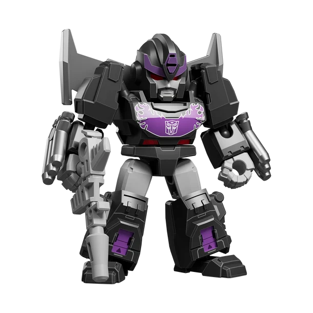 Transformers robot figure with black, gray, and purple color scheme on a white background