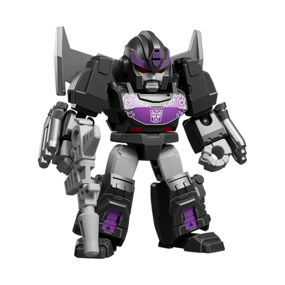 Transformers robot figure with black, gray, and purple color scheme on a white background