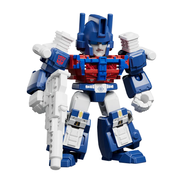 Toy figure of a robot with blue, red, and white colors on a white background