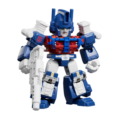 Toy figure of a robot with blue, red, and white colors on a white background