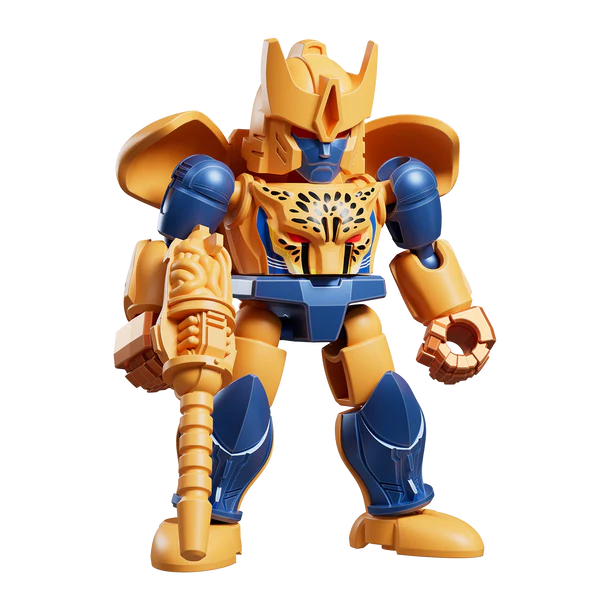 Toy figure with gold and blue armor on a white background