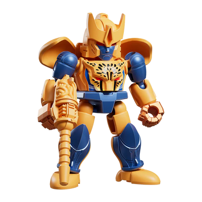 Toy figure with gold and blue armor on a white background
