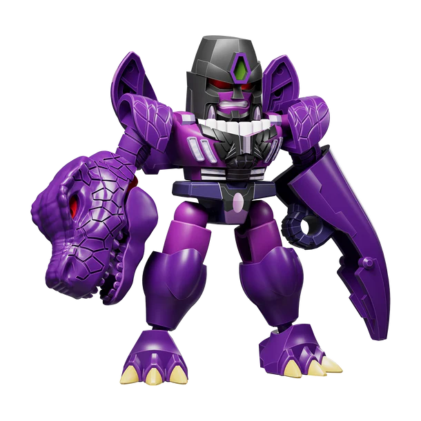 Purple and black robot toy with dinosaur-like head on a white background