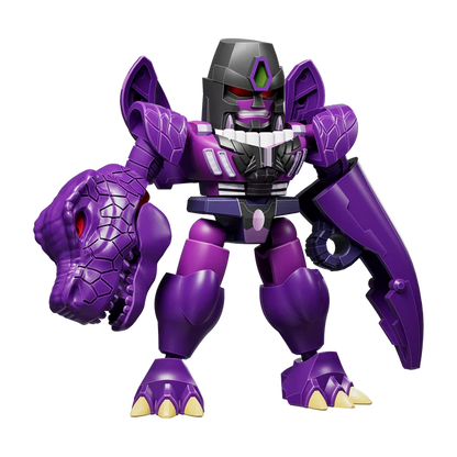 Purple and black robot toy with dinosaur-like head on a white background