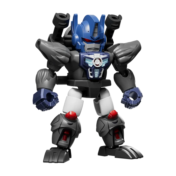 Toy robot figure with blue, gray, and black color scheme on a white background