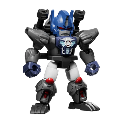 Toy robot figure with blue, gray, and black color scheme on a white background