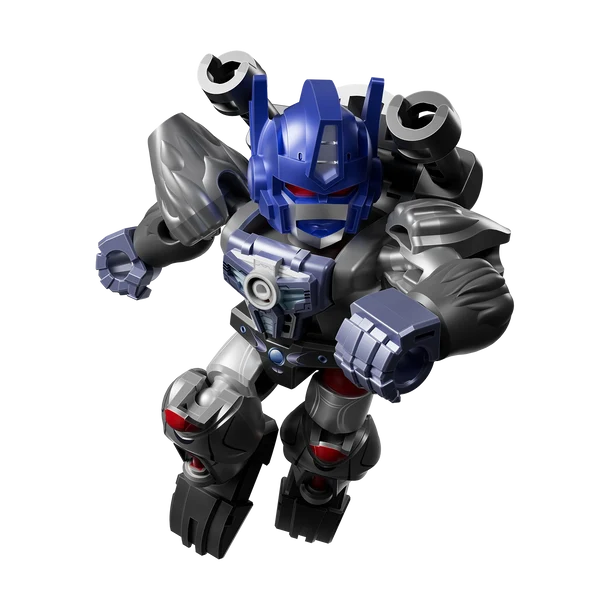Toy robot figure with blue helmet and black and gray body on a white background
