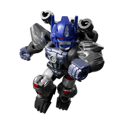 Toy robot figure with blue helmet and black and gray body on a white background