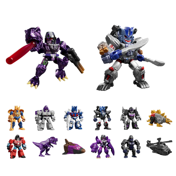 Collection of various toy robots and vehicles on a white background