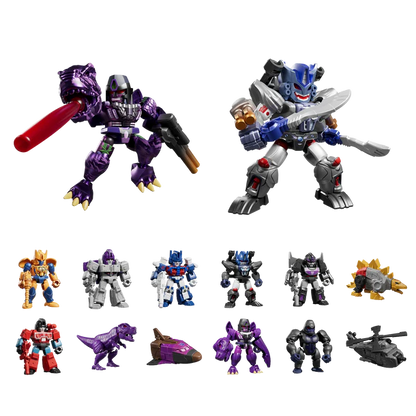 Collection of various toy robots and vehicles on a white background