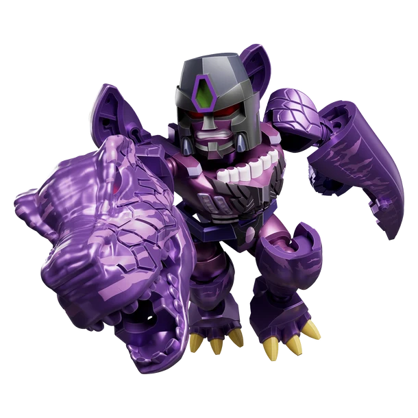 Purple and black robot toy with a fierce expression on a white background