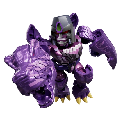 Purple and black robot toy with a fierce expression on a white background