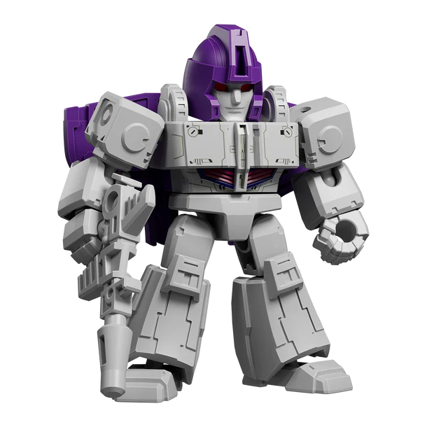 Transformers robot toy with purple and gray color scheme on a white background