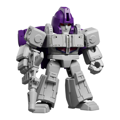 Transformers robot toy with purple and gray color scheme on a white background