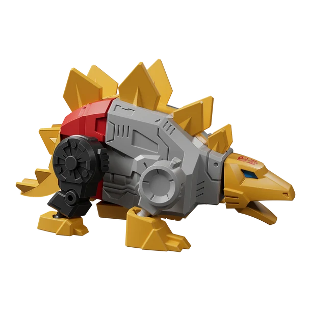 Toy dinosaur figure with yellow spikes and gray body on a white background