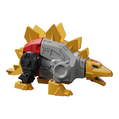 Toy dinosaur figure with yellow spikes and gray body on a white background