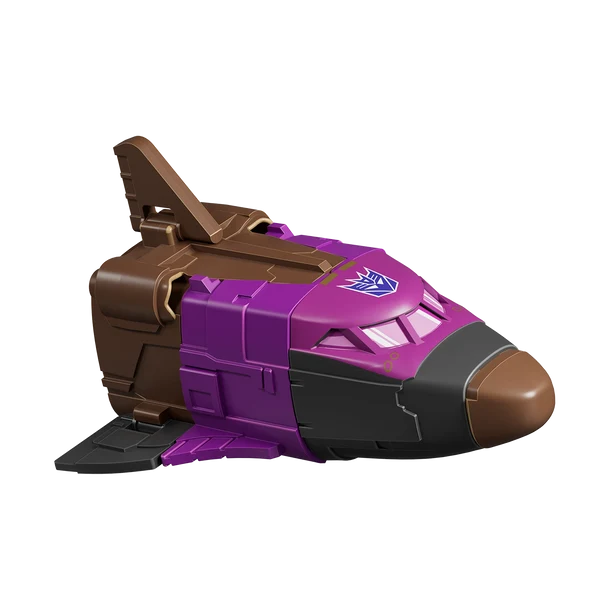 Toy spaceship with purple and brown design on a white background