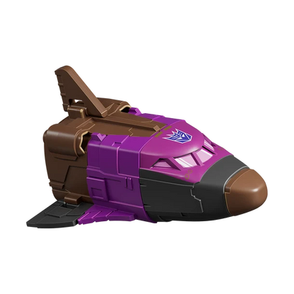 Toy spaceship with purple and brown design on a white background