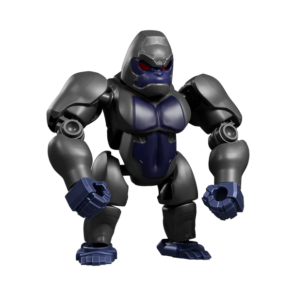 Toy figure of a robot with a dark gray and blue color scheme on a white background