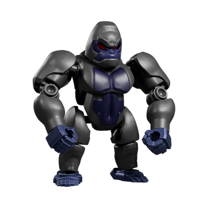 Toy figure of a robot with a dark gray and blue color scheme on a white background