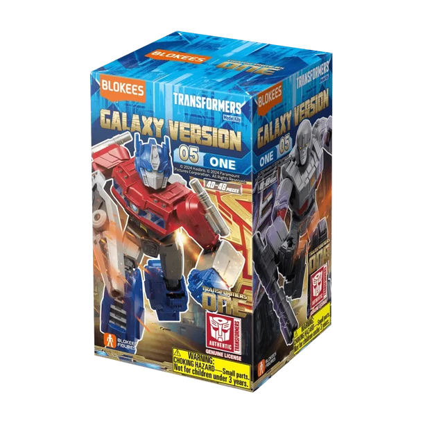 Blokees Transformers Galaxy Version 05 One Optimus Prime toy box, featuring Optimus Prime and Decepticon Megatron on a blue and orange packaging design.