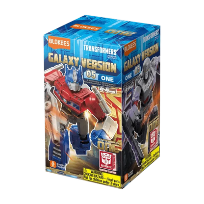 Blokees Transformers Galaxy Version 05 One Optimus Prime toy box, featuring Optimus Prime and Decepticon Megatron on a blue and orange packaging design.