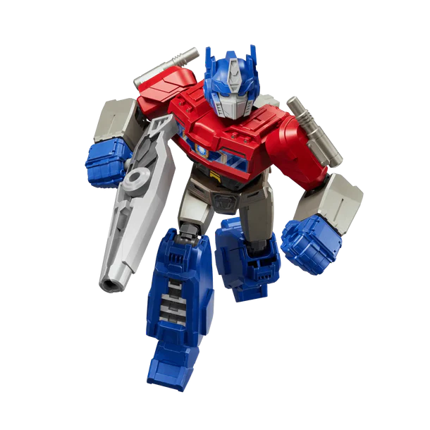 Transformers robot toy with red, blue, and gray colors on a white background