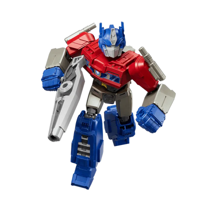 Transformers robot toy with red, blue, and gray colors on a white background