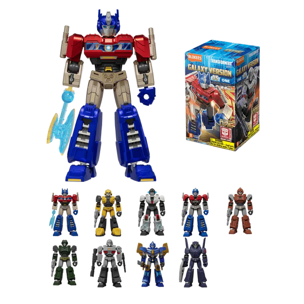 Transformers toy set with a large figure and multiple smaller figures in front of its packaging.