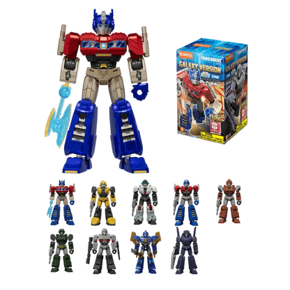 Transformers toy set with a large figure and multiple smaller figures in front of its packaging.